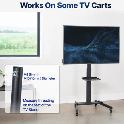 Black TV stand on casters shown beside a large TV screen in a room, with text reading 'Works On Some TV Carts' and an inset showing the stand dimensions and mounting hole details.