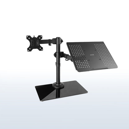Freestanding monitor and laptop stand with elegant glass base for dual screen viewing and ergonomic placement.