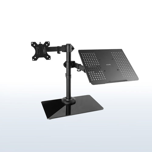 Freestanding monitor and laptop stand with elegant glass base for dual screen viewing and ergonomic placement.