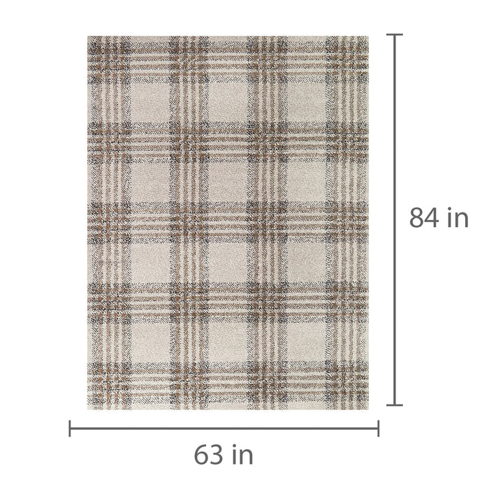 Detail image of Monte Brown 5x8 Plaid Area Rug with overlay of product dimensions