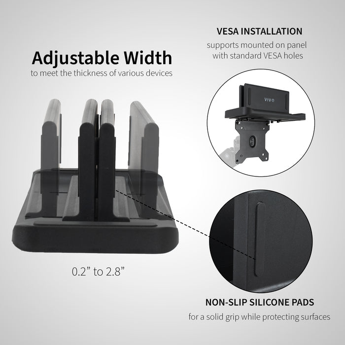 Multifunctional adjustable thin client mini PC mount can be installed on the back of a freestanding monitor, in between a monitor and VESA mount arm, or used as a freestanding holder on your desk.