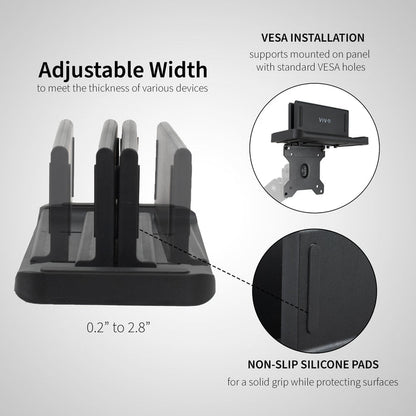 Multifunctional adjustable thin client mini PC mount can be installed on the back of a freestanding monitor, in between a monitor and VESA mount arm, or used as a freestanding holder on your desk.
