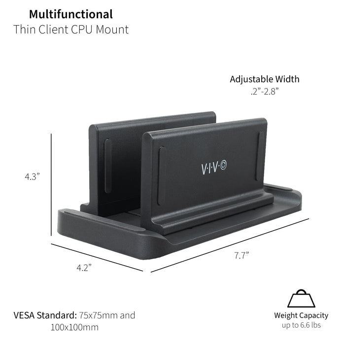 Multifunctional adjustable thin client mini PC mount can be installed on the back of a freestanding monitor, in between a monitor and VESA mount arm, or used as a freestanding holder on your desk.