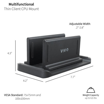 Multifunctional adjustable thin client mini PC mount can be installed on the back of a freestanding monitor, in between a monitor and VESA mount arm, or used as a freestanding holder on your desk.