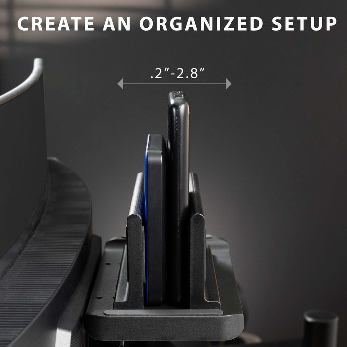 Multifunctional adjustable thin client mini PC mount can be installed on the back of a freestanding monitor, in between a monitor and VESA mount arm, or used as a freestanding holder on your desk.