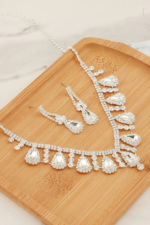 2 PCS Rhinestone Teardrop Linked Earring Necklace Set