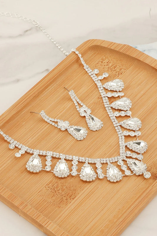 2 PCS Rhinestone Teardrop Linked Earring Necklace Set