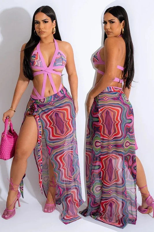 2 PCs  Wave Strappy Swimsuit and Sarong Set (Pink)