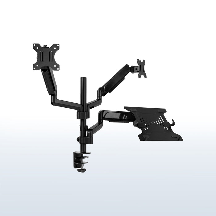 Pneumatic arm dual monitor and laptop desk mount that elevates your screens to a comfortable viewing height.