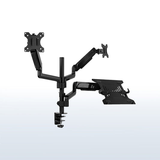 Pneumatic arm dual monitor and laptop desk mount that elevates your screens to a comfortable viewing height.