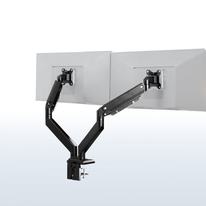 Adjustable pneumatic dual monitor desk mount with USB ports for ultrawide monitors.