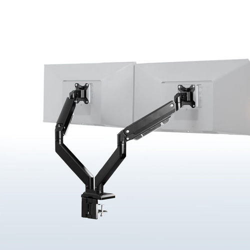 Adjustable pneumatic dual monitor desk mount with USB ports for ultrawide monitors.