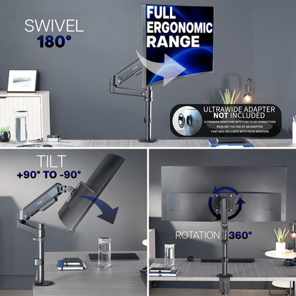 Sturdy adjustable pneumatic arm single monitor ergonomic desk mount for office workstation.