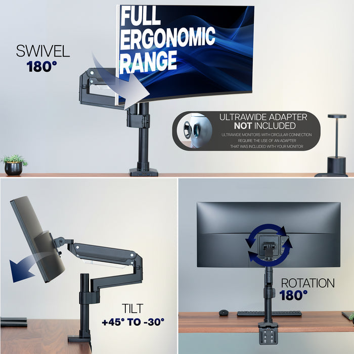 Ergonomic, Pneumatic Arm, Single Ultrawide Monitor Desk Mount with USB  with swivel, tilt, and rotation features on a desk.