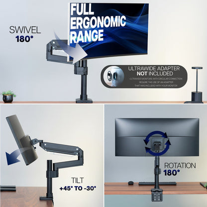 Ergonomic, Pneumatic Arm, Single Ultrawide Monitor Desk Mount with USB  with swivel, tilt, and rotation features on a desk.