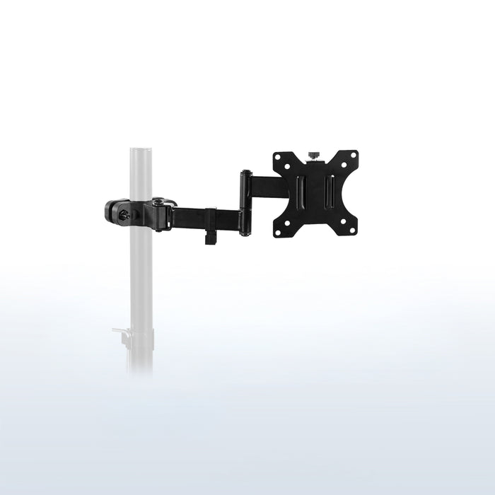 A black adjustable wall-mount arm with a VESA-style bracket, shown attached to a white pole against a clean white background.
