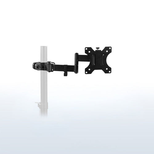 A black adjustable wall-mount arm with a VESA-style bracket, shown attached to a white pole against a clean white background.