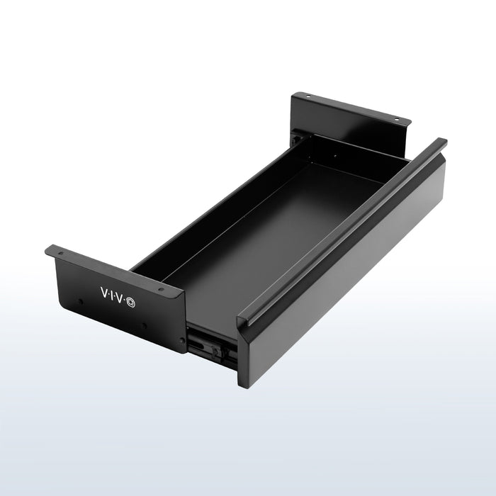 Extra Wide Under Desk Drawer provides a storage option for both standing and fixed height desks, creating a clean, non-cluttered workspace.