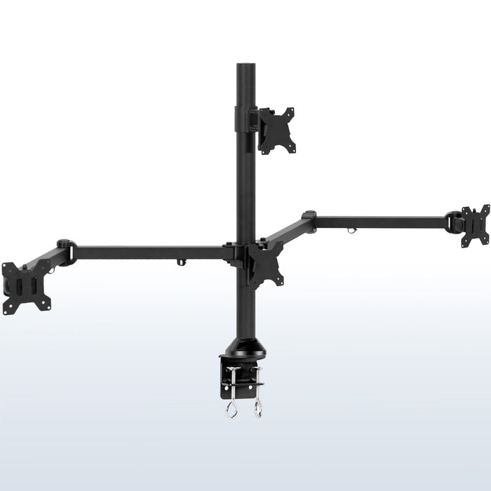 Quad monitor desk mount gives user multiple screens on one stand to multitask and have more viewing flexibility.