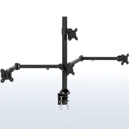 Quad monitor desk mount gives user multiple screens on one stand to multitask and have more viewing flexibility.