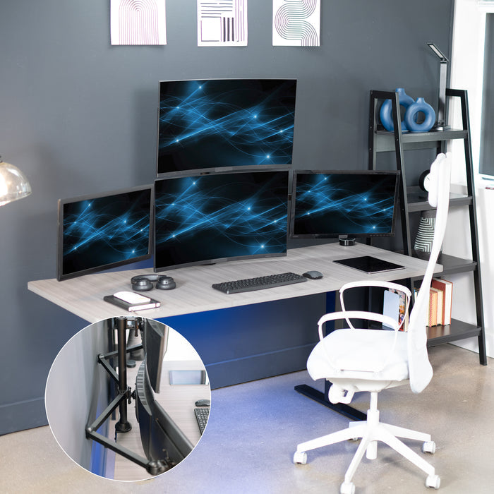 Quad monitor desk mount gives user multiple screens on one stand to multitask and have more viewing flexibility.