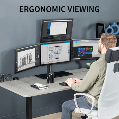 Sturdy height adjustable quad monitor desk stand.