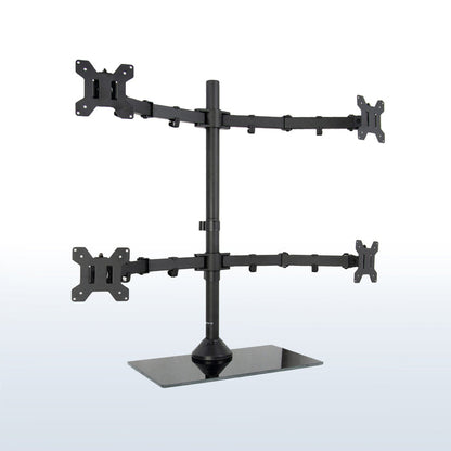 Sturdy height adjustable quad monitor desk stand.