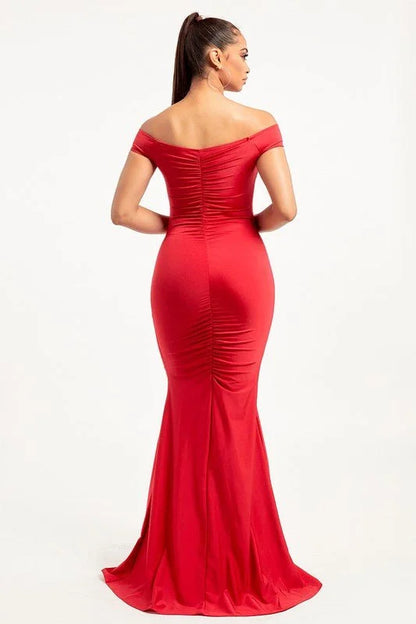 All In Your Feels Red Maxi Dress with Off-Shoulder Design