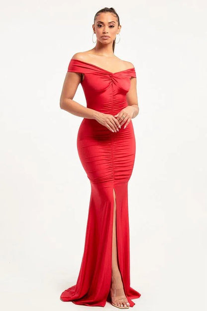 All In Your Feels Red Maxi Dress with Off-Shoulder Design