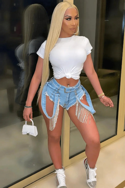 Crystal Strap Denim Shorts – High-Rise Rhinestone Fringe Style