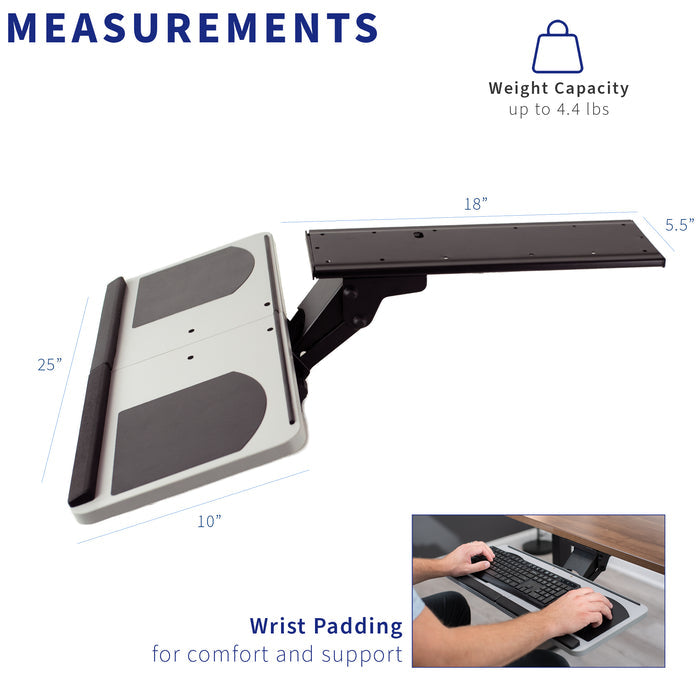 Ergonomic typing is made easy with the front of the desk clamp on the keyboard tray.