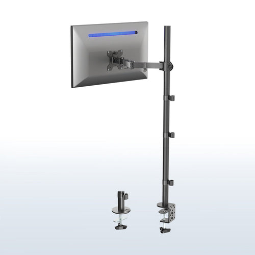 Extra tall desk mount for single monitor provides sit or stand application for the user, flexible viewing angles, and tall screen placement.