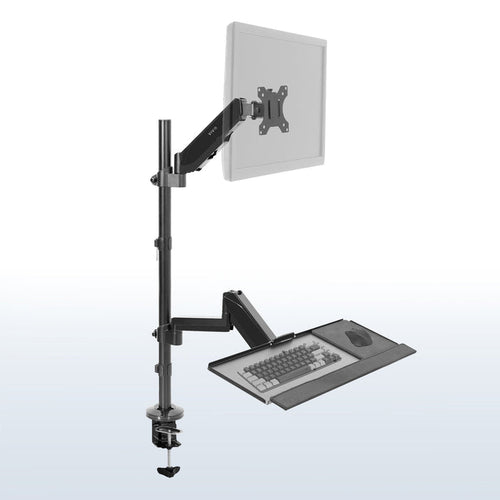 Clamp-on monitor mount and keyboard tray with height adjustment and articulation.
