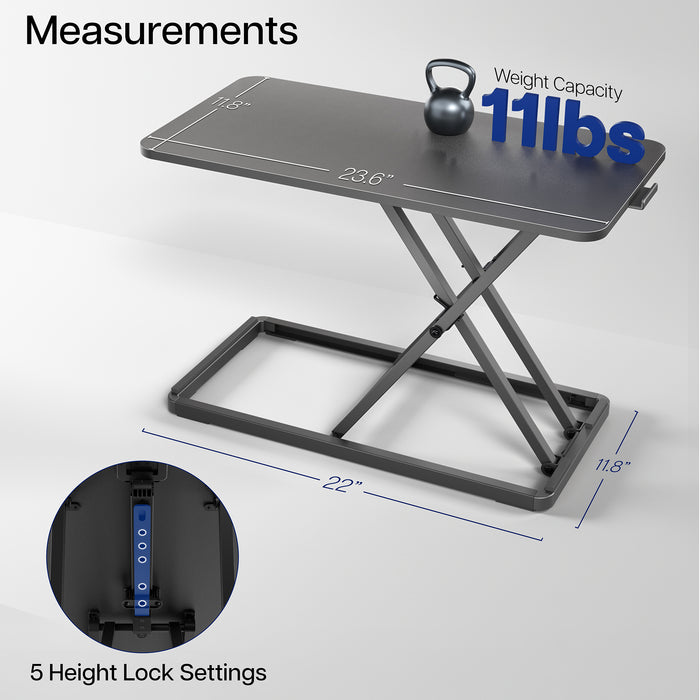 Adjustable desk with weight capacity and dimensions displayed