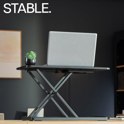 Laptop on a adjustable desk with a plant, against a dark wall