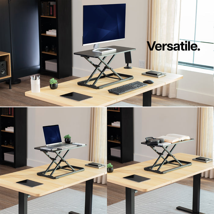 Collage of a adjustable standing desk in a home office setting with 'Versatile' branding.