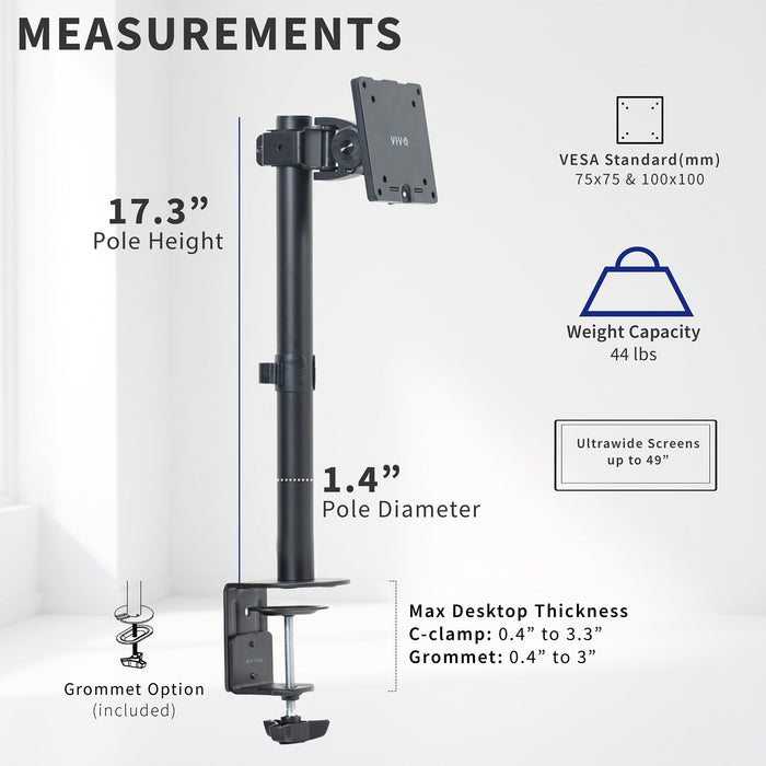 A black monitor arm with a wall mount and C-clamp base shown on a light gray background with measurement callouts, including pole height of 17.3 inches, pole diameter of 1.4"