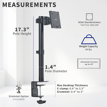 A black monitor arm with a wall mount and C-clamp base shown on a light gray background with measurement callouts, including pole height of 17.3 inches, pole diameter of 1.4"