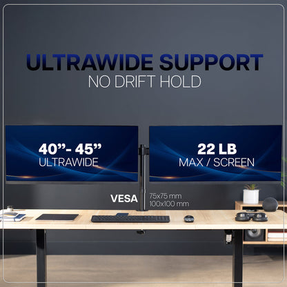 Computer setup with ultrawide monitors on a desk, emphasizing support and specifications.