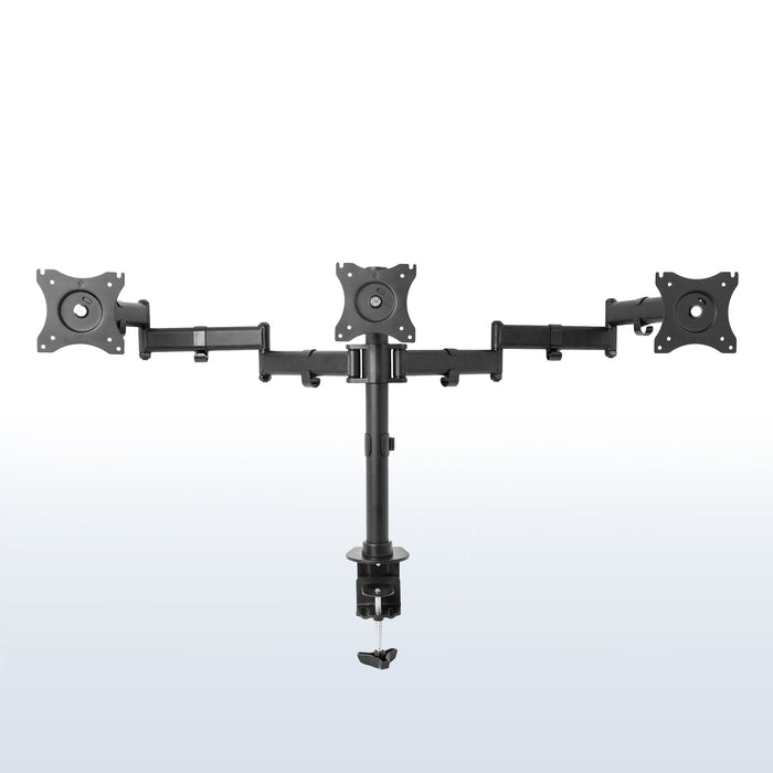 Sturdy height adjustable triple monitor desk mount.