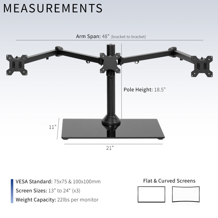 Measurements and specifications for Triple Monitor Desk Stand