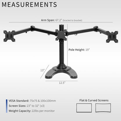 Measurements and specifications for Triple Monitor Desk Stand