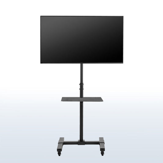 Sturdy mobile height adjustable TV cart with utility shelf and wheels.