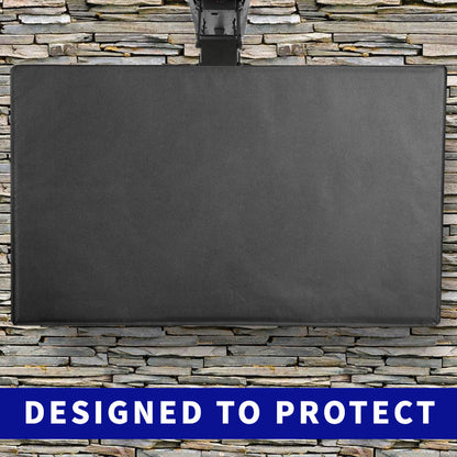 A black TV cover fitted over a ceiling mount TV with a visible mounting mechanism.