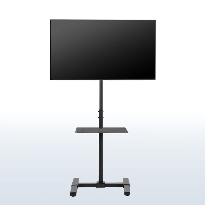 Sturdy height adjustable TV stand with utility shelf.