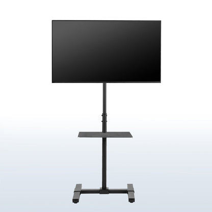 Sturdy height adjustable TV stand with utility shelf.