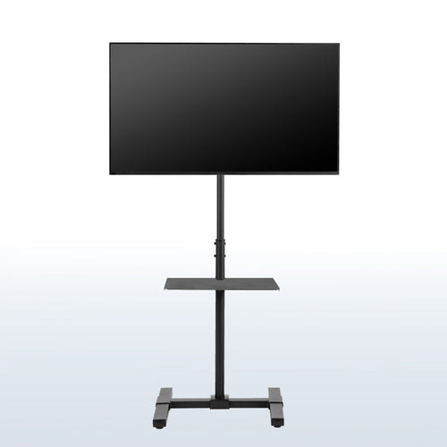 Sturdy height adjustable TV stand with utility shelf.