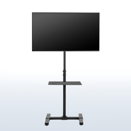 Sturdy height adjustable TV stand with utility shelf.