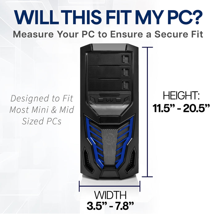 Computer case with measurement details on a white background