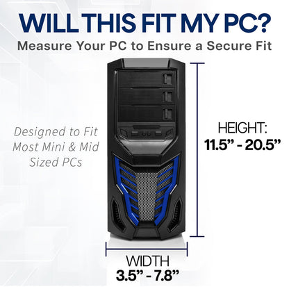 Computer case with measurement details on a white background